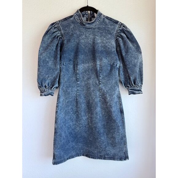 GANNI 90's Acid Wash Stretch Denim Puff Sleeve Mock Neck Cult Mini Dress Size 36 - Picture 6 of 16